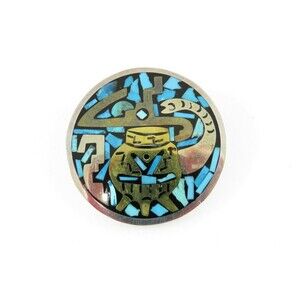 Taxco Sterling Silver Mexico Inlaid Retro Style Brooch Pendant Turquoise Inlay